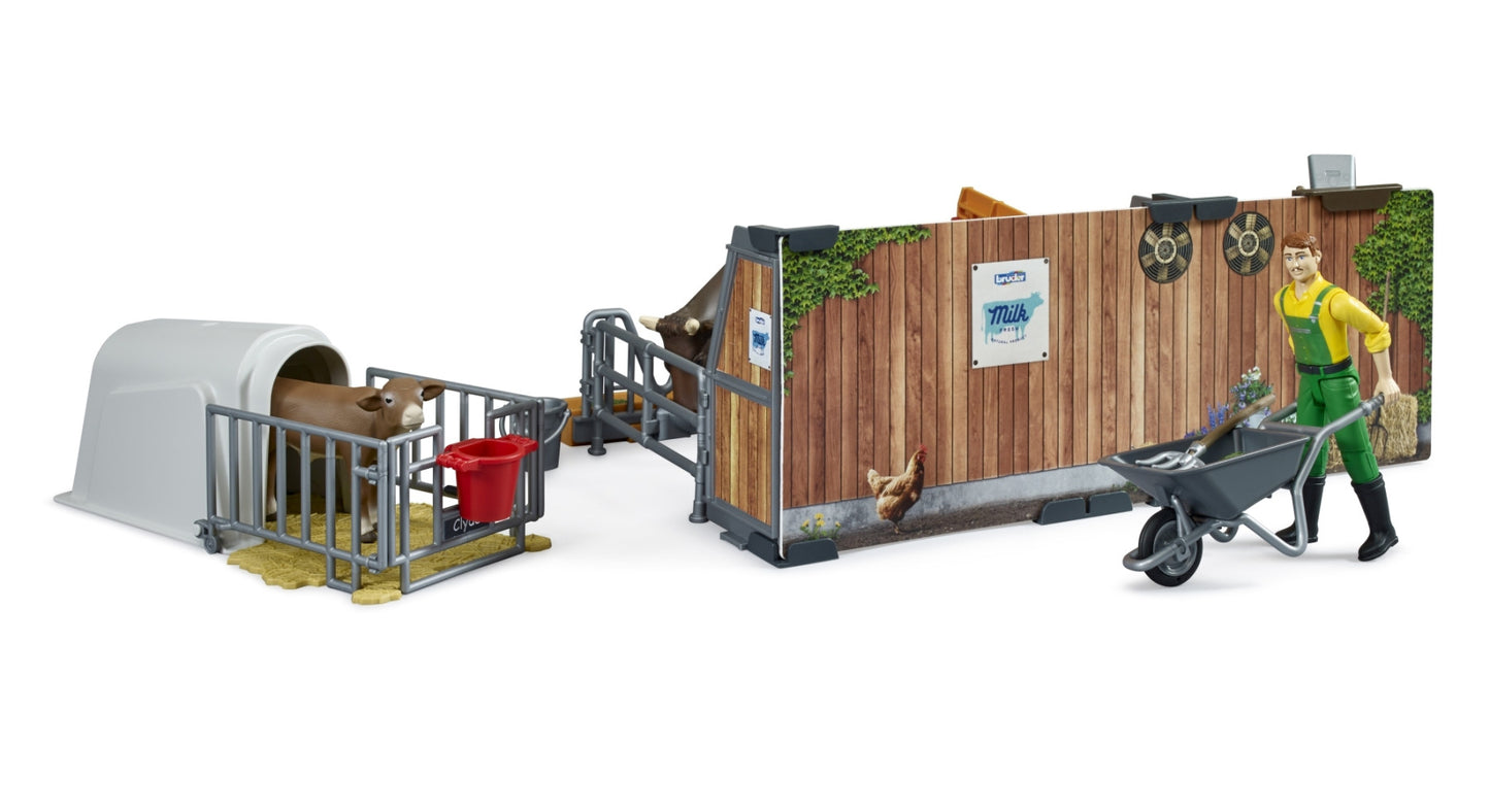 Bworld Cow and Calf Barn with Farmer Bruder Toys BRU62611