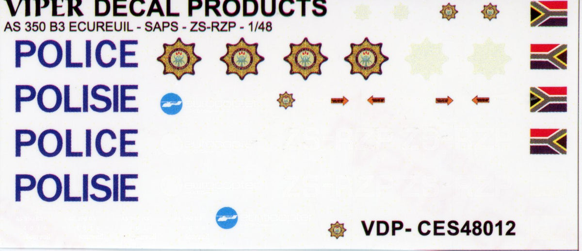 SAPS AS.350 Ecureuil ZS-RZP Decal Sheet - 1/72 Scale Viper Decals Products CES48012