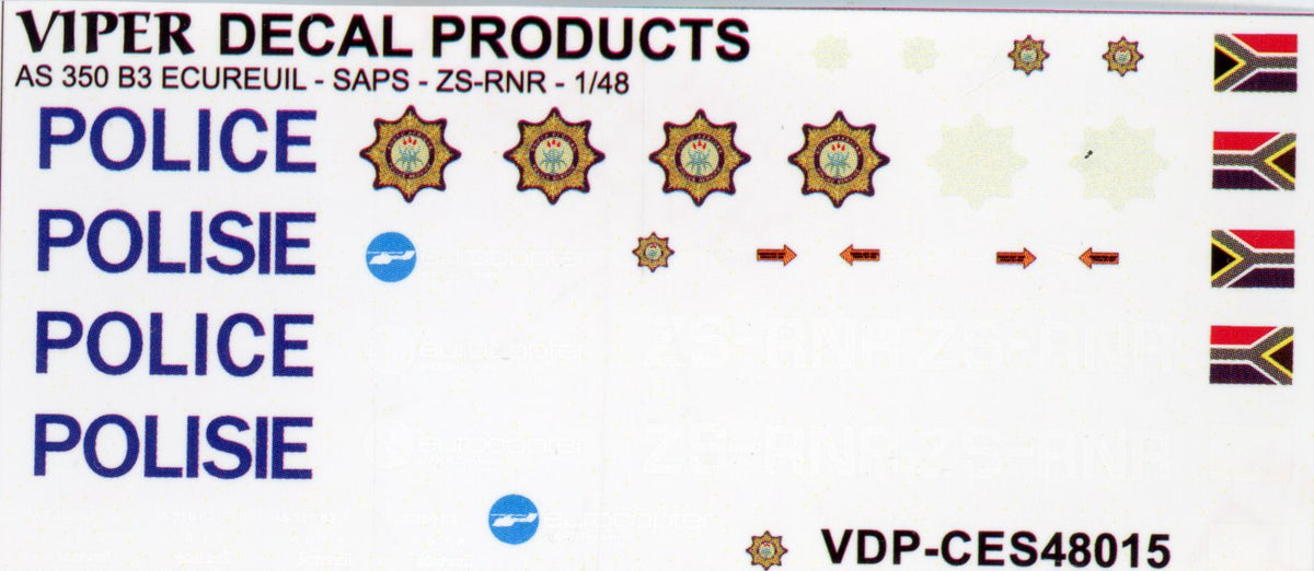 SAPS AS.350 Ecureuil Decal Sheet - 1/48 Scale Viper Decals Products CES48015