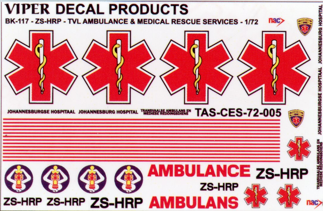 Transvaal Ambulance & Medical Rescue Services Decal Sheet - 1/72 Scale Viper Decals Products CES72005