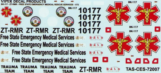 Free State Emergency Medical Services BK-117 ZT-RMR 1/72 Scale Viper Decal Products CES72007