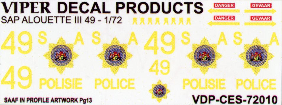SA Police Alouette '49' Decal Sheet - 1/72 Scale Viper Decals Products CES72010