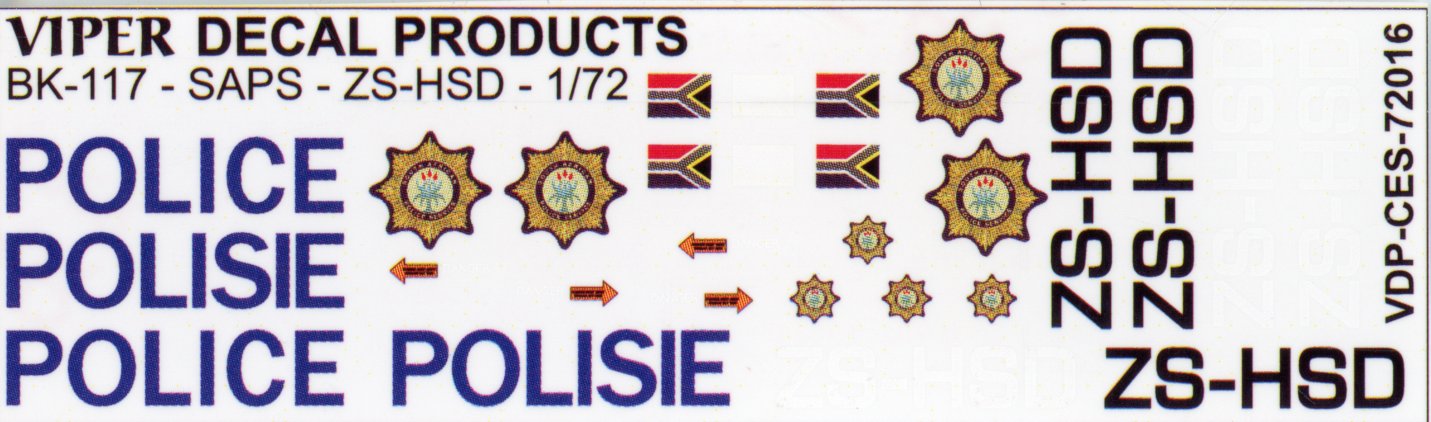 SAPS BK-117 'ZS-HSD POLICE POLISIE' Decal Set - 1/72 Scale Viper Decal Products CES72016