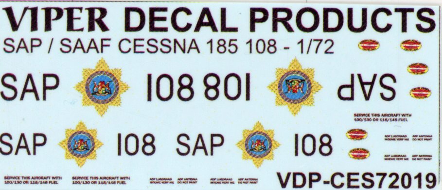 SAP South African Police Cessna 185 '108' - 1/72 Scale Viper Decal Products CSE72019