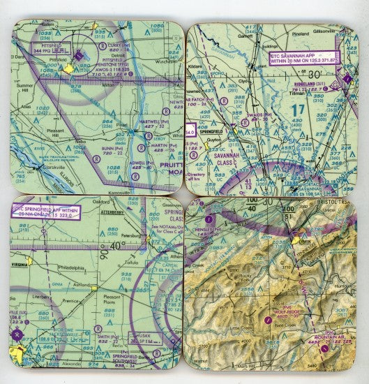 United States Aeronautical Chart Coasters Set of 4 mixed - CHARTC2