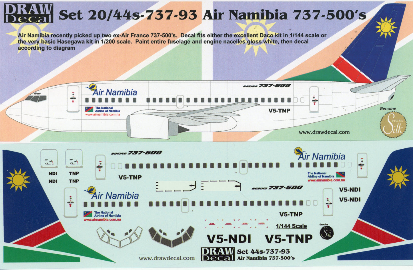 Air Namibia Boeing 737-500 - 1/144 Scale Draw Decal 20/44s-737-93