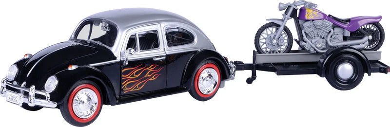 VW Beetle Trailer Set - Motorbike Trailer Black/White - 1/24 Scale MotorMax MOT79675