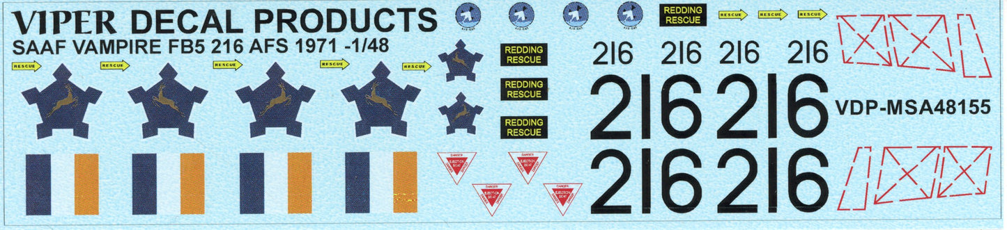 SAAF Vampire FB5 Decal Sheet - 1/48 Scale MSA48155