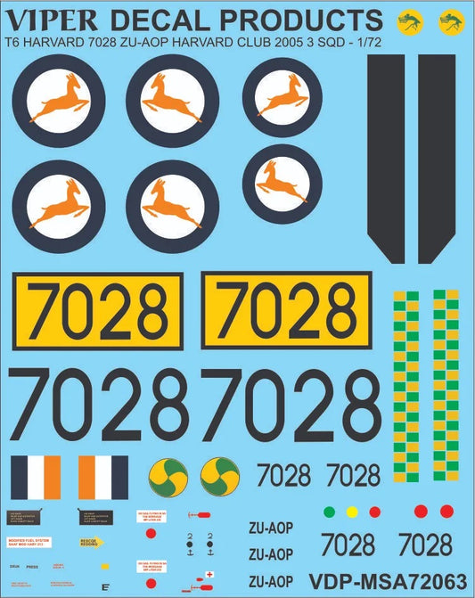T6 Harvard 7028 ZU-AOP Harvard Club 2005 33 SQD 1/72 Scale Viper Decal Products MSA72063