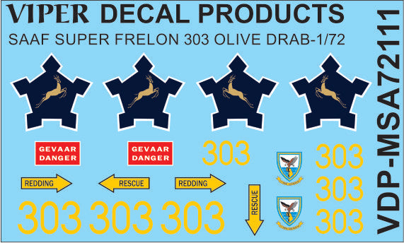 SAAF Super Frelon '303 Olive Drab Colour Scheme' - 1/72 Scale Viper Decal Products MSA72111