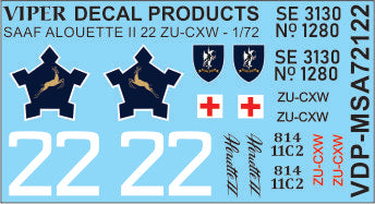 SAAF Alouette II '22' - 1/72 Scale Viper Decal Products MSA72122