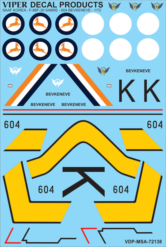 SAAF Korea F-86F-30 Sabre 604 Bevkeneve 1/72 Scale Viper Decal Products MSA72138