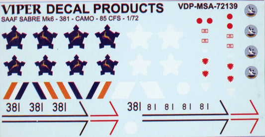 SAAF Sabre Mk6 381 Camo 85 CFS 1/72 Scale Viper Decal Products MSA72139