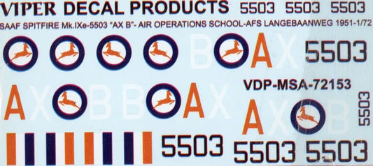 SAAF Spitfire Mk.IXe '5502/AX-B' 1/72 Scale Viper Decal Products MSA72153