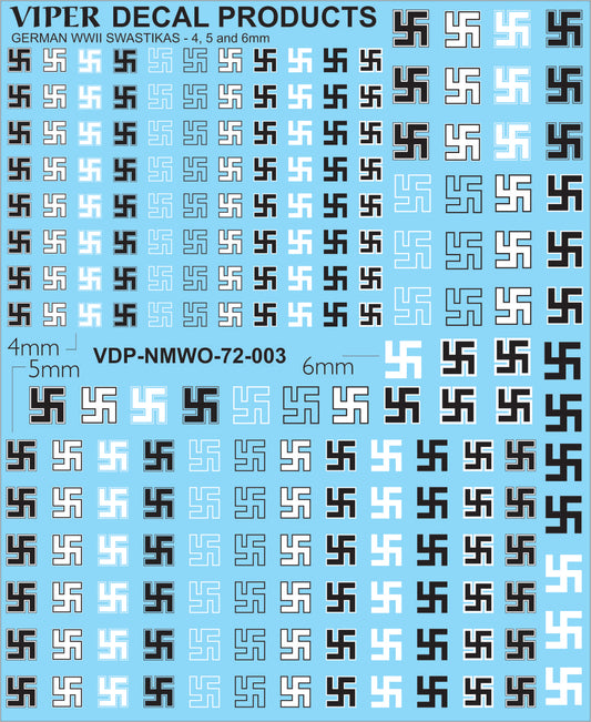 German WWII Swastikas 4, 5 and 6mm 1/72 Scale Viper Decal Products NMWO72003