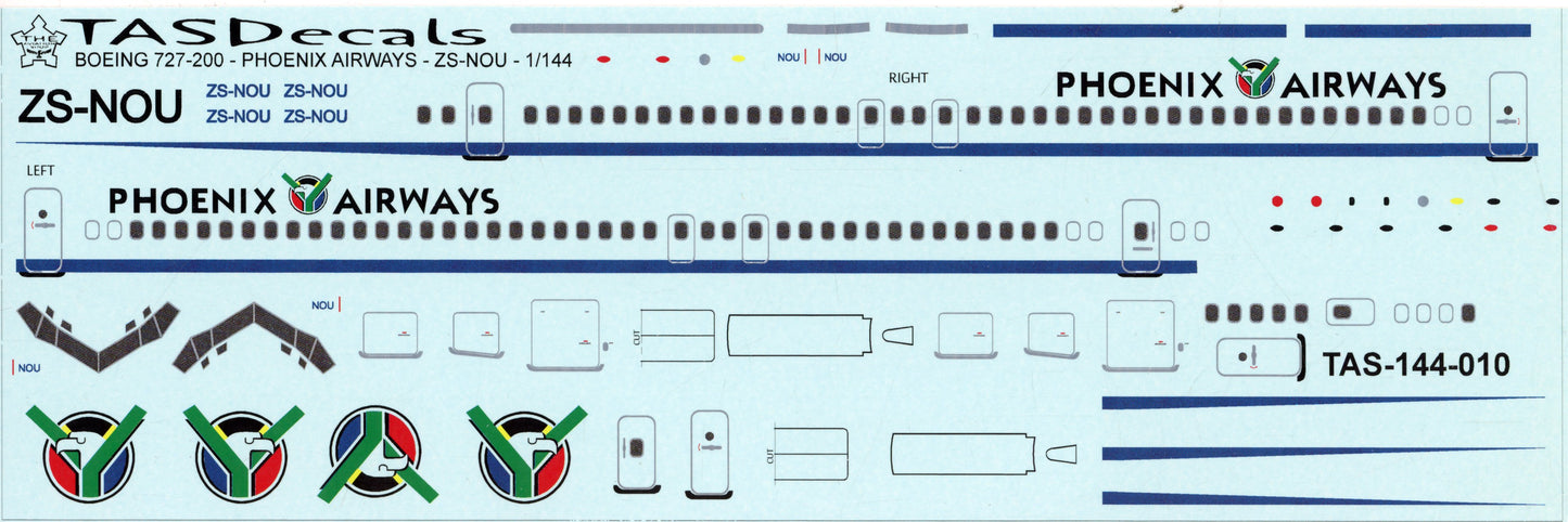 Phoenix Airways Boeing 727-200 ZS-NOU - 1/144 Scale TAS Decals TAS-144-010