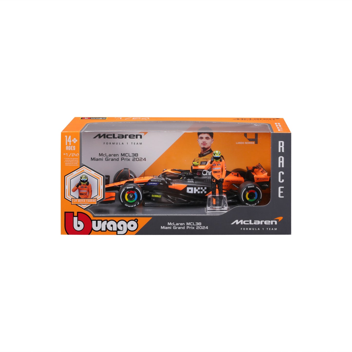 McLaren F1 MCL38 2024 w/Driver figurine #4 1/24 Bburago 18-28040