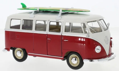 Volkswagen T1 Bus with Surfboard Red - 1/24 Scale - Welly - WEL22095SBRED