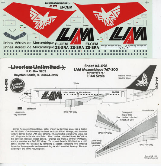 LAM Mozambique Boeing 767-200 Decal Set - 1/144 Scale Liveries Unlimeted A4-098