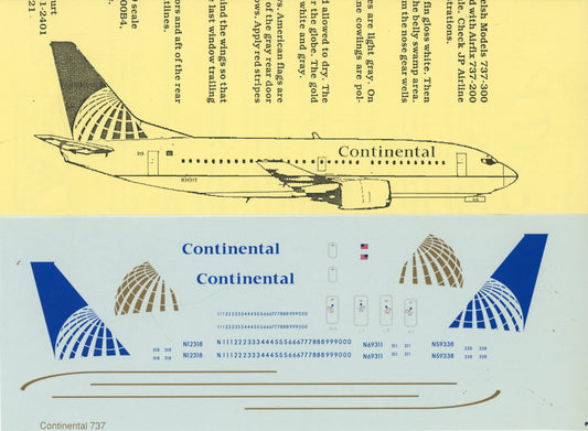 Continental Airlines Boeing 737-100, 200, 300 Decals - 1/144 Scale ATP Decal AD5085