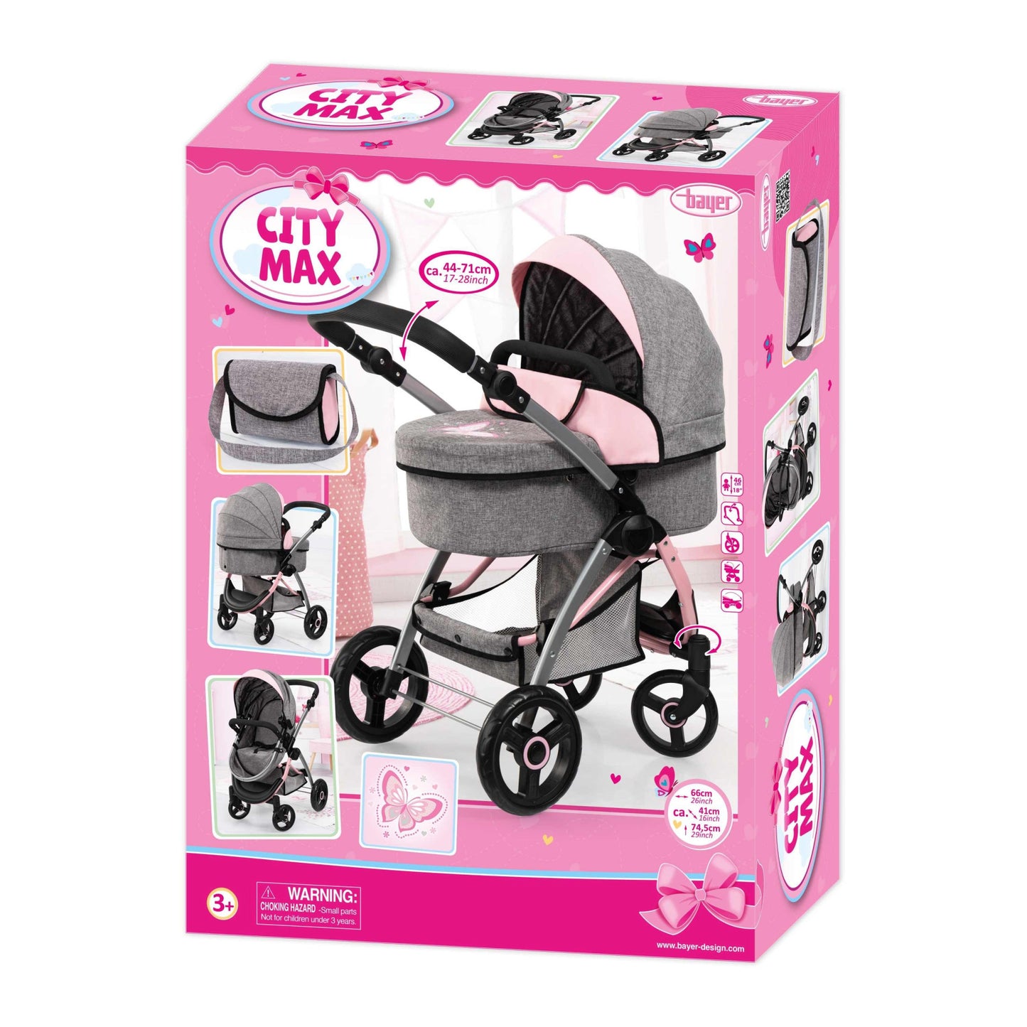 City Max Dolls Pram (Pink/Grey) Butterfly Bayer Bay17533AA