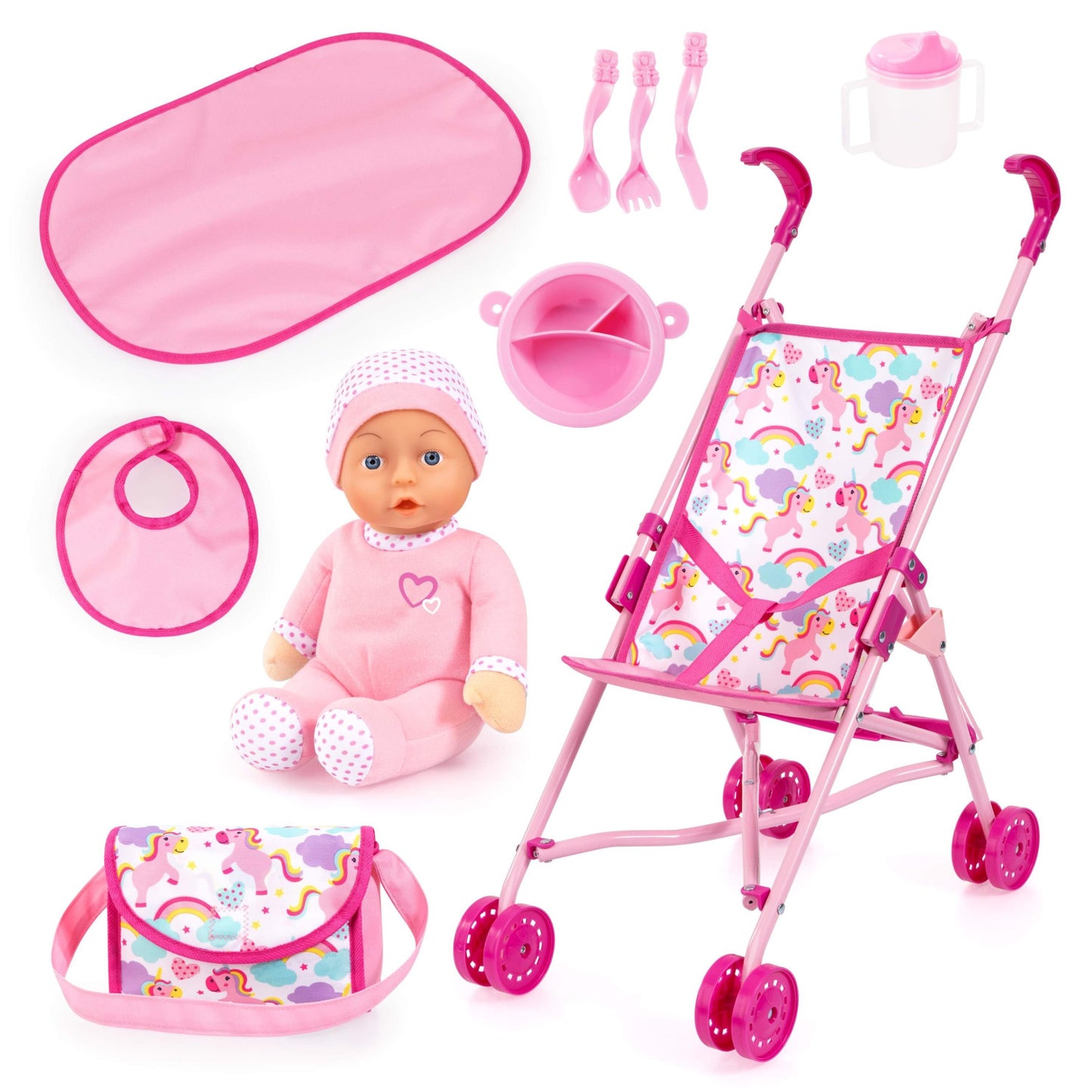 Buggy Dolls Pram Set (Pink/Unicorns) w/30cm Doll Bayer Bay30585AB