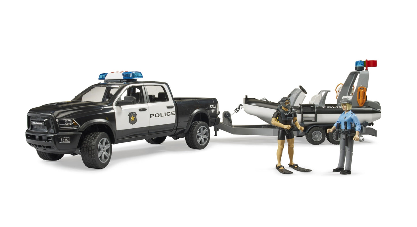 RAM 2500 Police Pickup w/trailer,boat,2 fig (L&S) Bruder Toys BRU02507