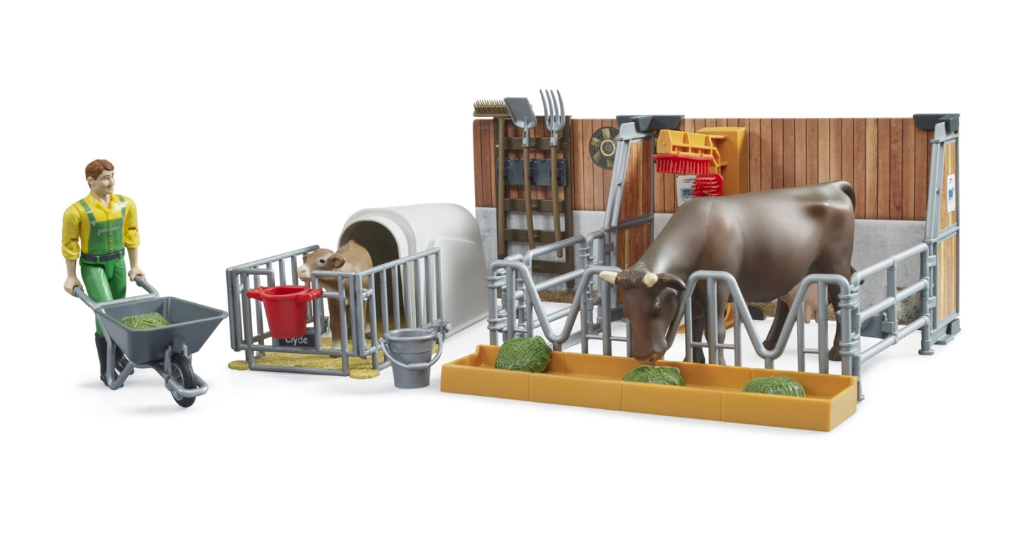 Bworld Cow and Calf Barn with Farmer Bruder Toys BRU62611