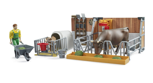 Bworld Cow and Calf Barn with Farmer Bruder Toys BRU62611