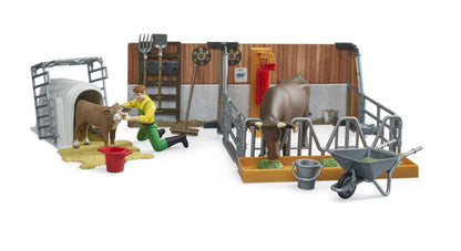 Bworld Cow and Calf Barn with Farmer Bruder Toys BRU62611
