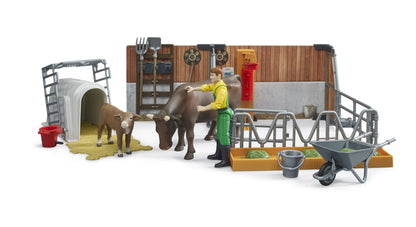 Bworld Cow and Calf Barn with Farmer Bruder Toys BRU62611