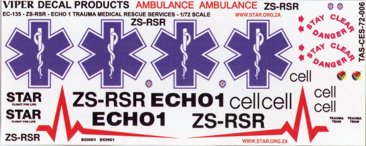 Airbus EC.135 ECHO 1 Trauma 1 Medical Rescue Service ZS-RSR Decal Sheet - 1/72 Scale Viper Decals Products CES72006