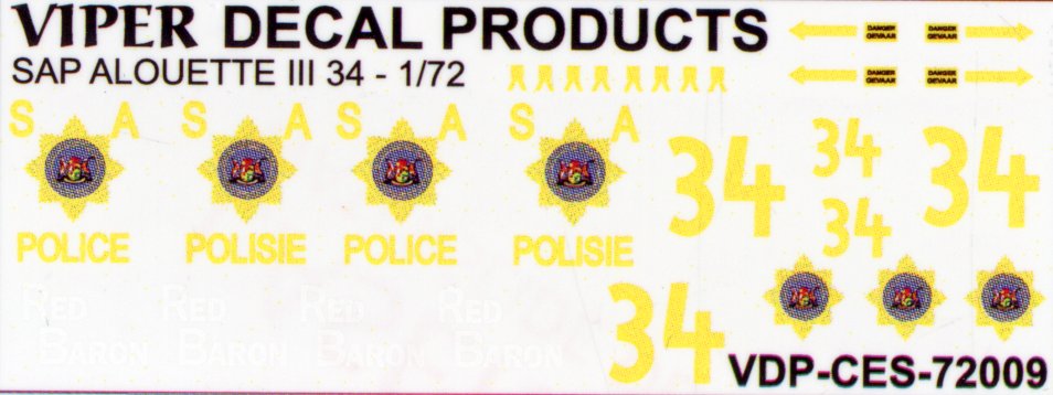 SA Police Alouette '34' Decal Sheet - 1/72 Scale Viper Decals Products CES72009
