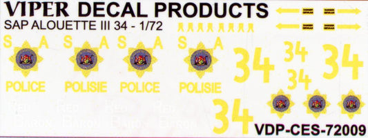 SA Police Alouette '34' Decal Sheet - 1/72 Scale Viper Decals Products CES72009