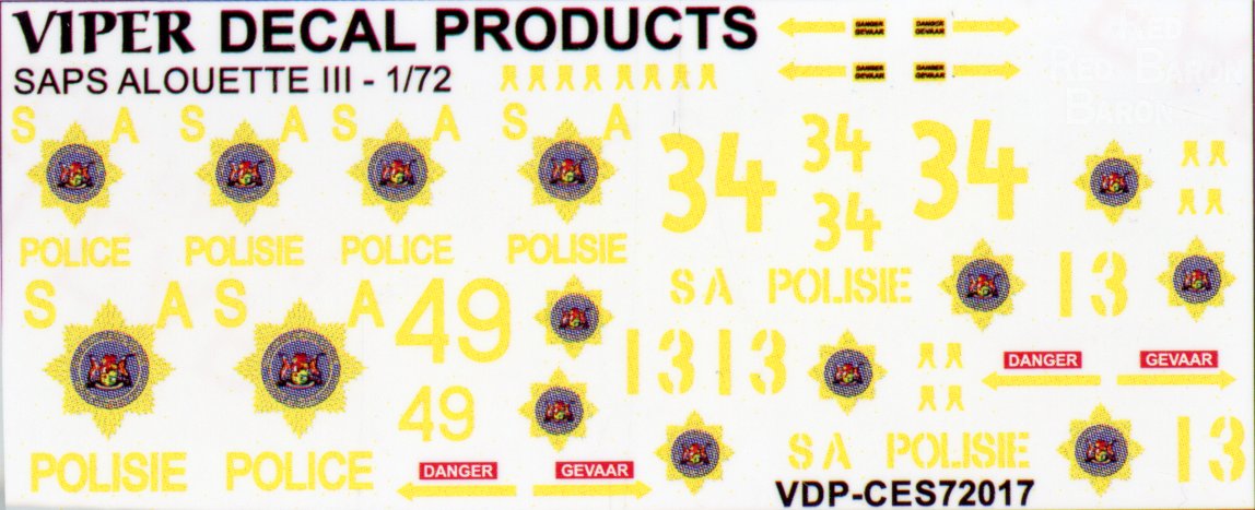 SA Police Alouette '111' Decal Sheet - 1/72 Scale Viper Decals Products CES72017