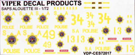 SA Police Alouette '111' Decal Sheet - 1/72 Scale Viper Decals Products CES72017