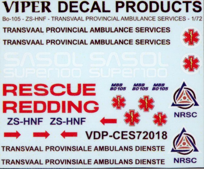 Transvaal Provincial Ambulance Services Bo.105 ZS-HNF - 1/72 Scale Viper Decal Products CSE72018