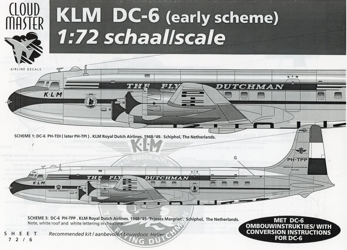 KLM DC-6 (early scheme) Decals - 1/72 Scale Cloud Master 72/6