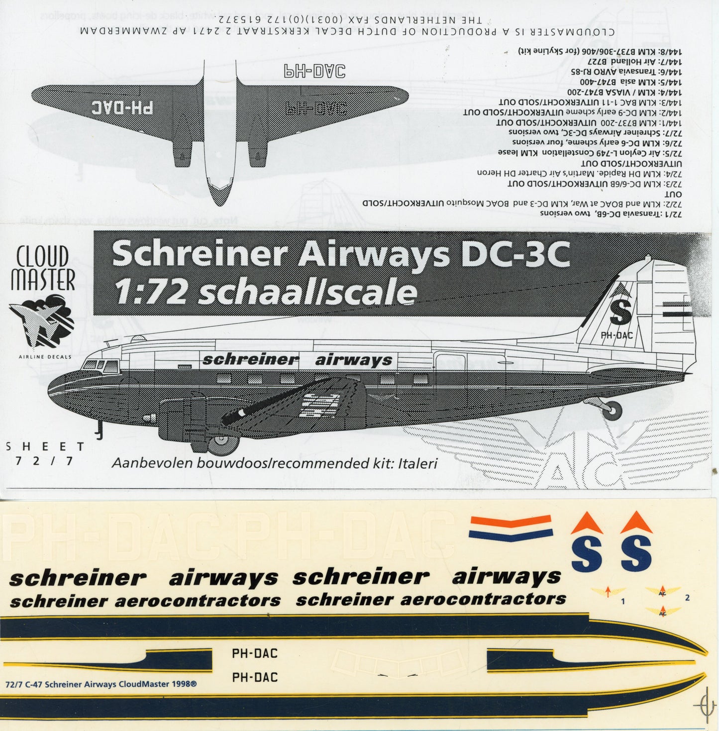 Schreiner Airways DC-3C - 1/72 Scale Cloud Master Decals 72/7