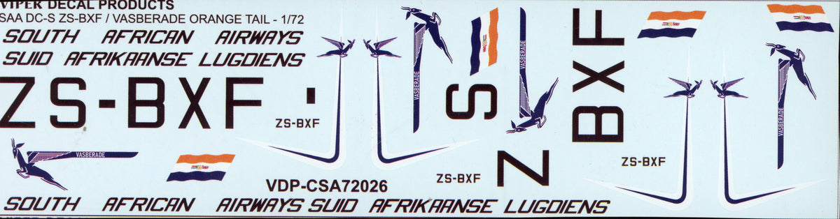 SAA DC-3 ZS-BXF 'Vasberade" - 1/72 Scale Viper Decal Products CSA72026