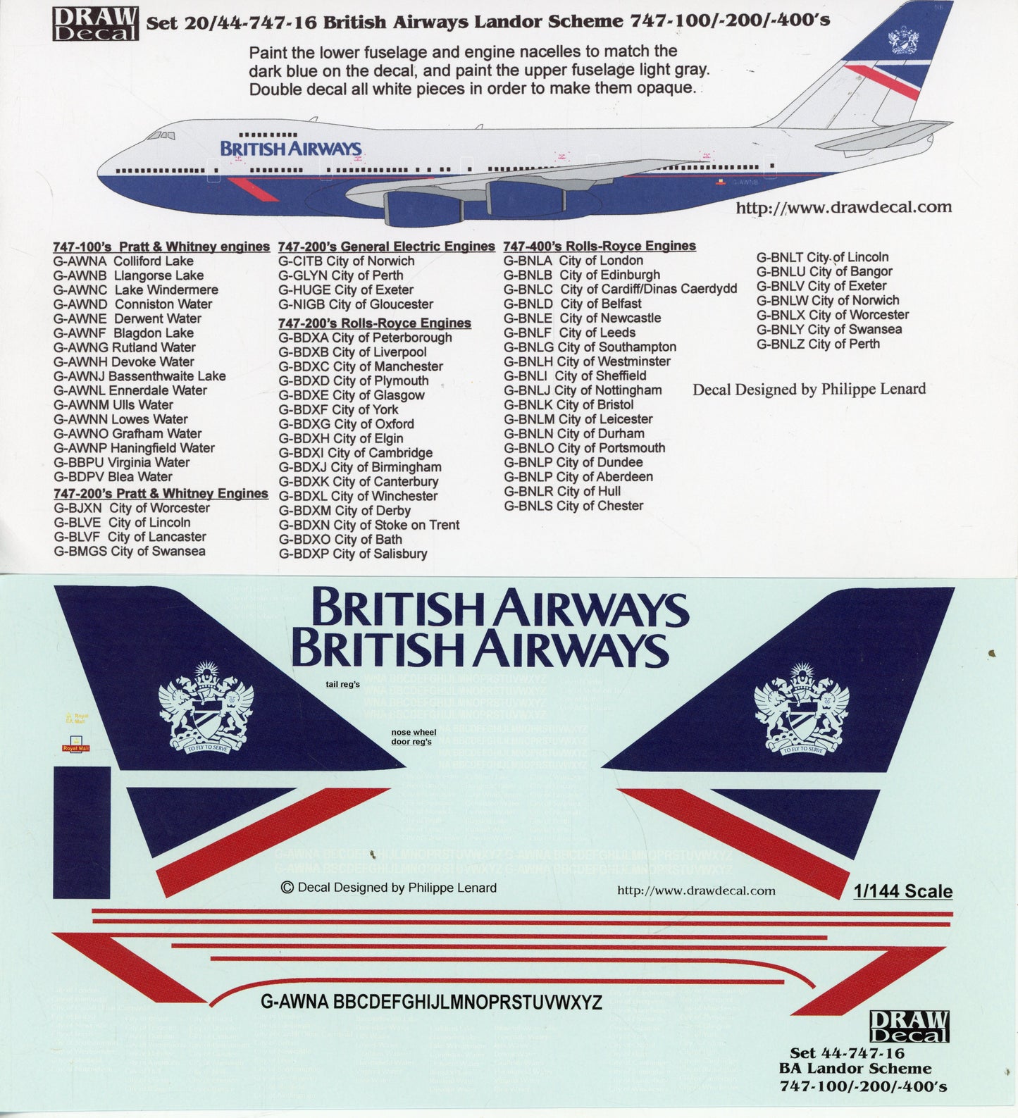 British Airways Landor Scheme 747-100, 200, 400 - 1/144 Scale Draw Decal 20/44-747-16