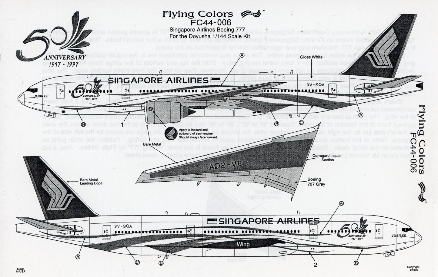 Singapore Airlines Boeing 777 Decals - 1/144 Scale Flying Colors FC44-006