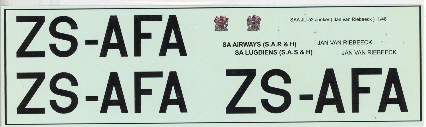 SAA JU-52 Junkers (Jan van Riebeeck) ZS-AFA - 1/48 Scale MAV Decals MAV48174