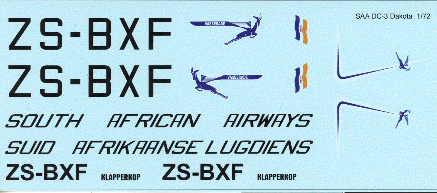 South African Airways DC-3 ZS-BXF Decal Sheet - 1/72 Scale MAV720159