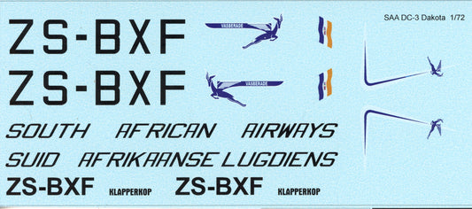 South African Airways DC-3 ZS-BXF Decal Sheet - 1/72 Scale MAV720159