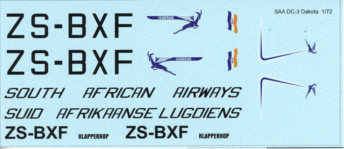 SAA Douglas DC-3 Dakota ZS-BXF Klapperkop - 1/72 Scale MAV Decals MAV72159