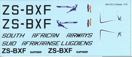 SAA Douglas DC-3 Dakota ZS-BXF Klapperkop - 1/72 Scale MAV Decals MAV72159