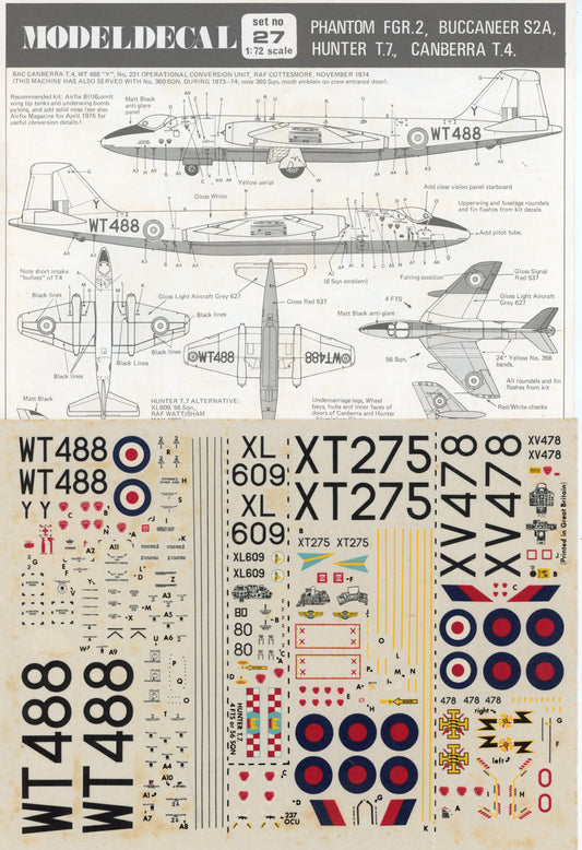 Phantom FGR.2, Buccaneer S2A, Hunter T.7, Canberra T.4. - 1/72 Scale Modeldecal MD27