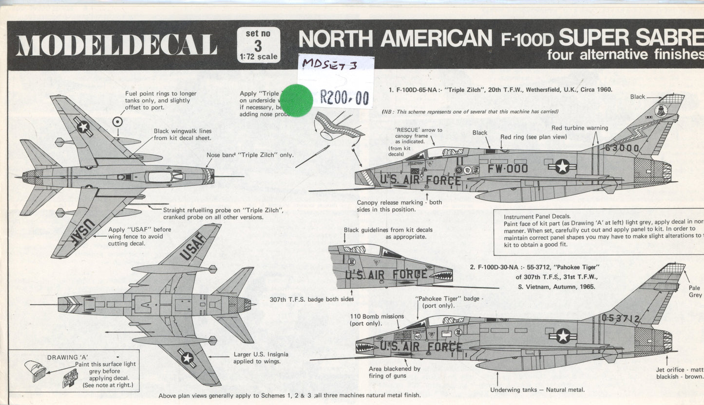 North American F-100D Super Sabre - 1/72 Scale Modeldecal MDSET3