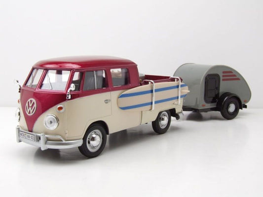 Volkswagen Type 2 (T1) Surfboard PU/Teardrop Trailer Maroon/Cream - 1/24 Scale Motormax MOT79673